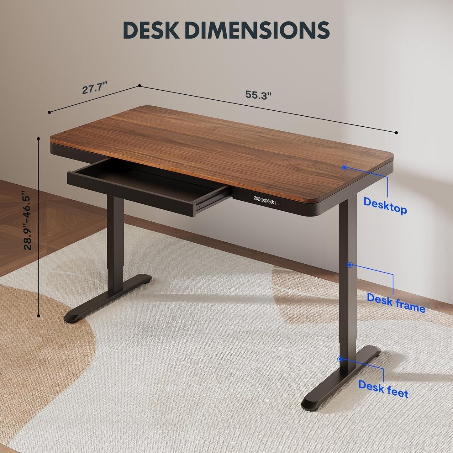55" Electric Standing Desk with Drawers, Quick Assembly Home Office Sit Stand Desk with Storage, USB Charging, Computer Desk for Home Office (55" Wood, Dark Walnut/Black)-2