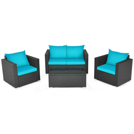 4 Pieces Patio Rattan Conversation Set with Padded Cushions-1