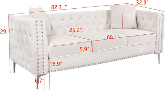 Velvet Upholstered Three-Seater Sofa, 82.3'' Wide Beige Velvet 3-Seat Sofa with Jeweled Buttons, Square Arm, Two Pillows Included for Living Room, Office-1