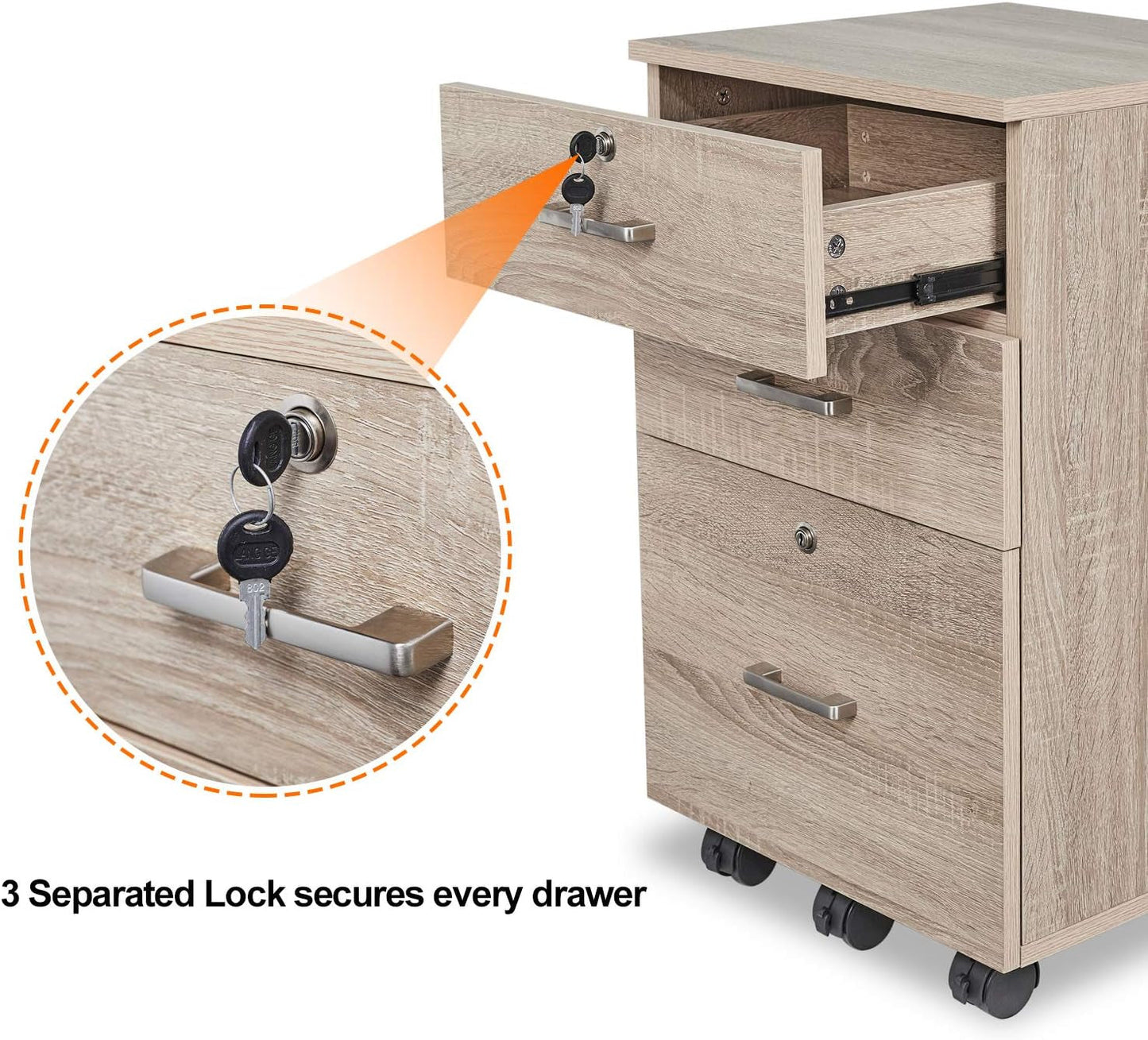 26"H 3 Drawer File Cabinet with Lock, Rolling File Cabinet under Desk, Mobile File Cabinets for Home Office, Wood File Cabinet Printer Stand for Letter Size File Folders, Assembly Required, Oak-4