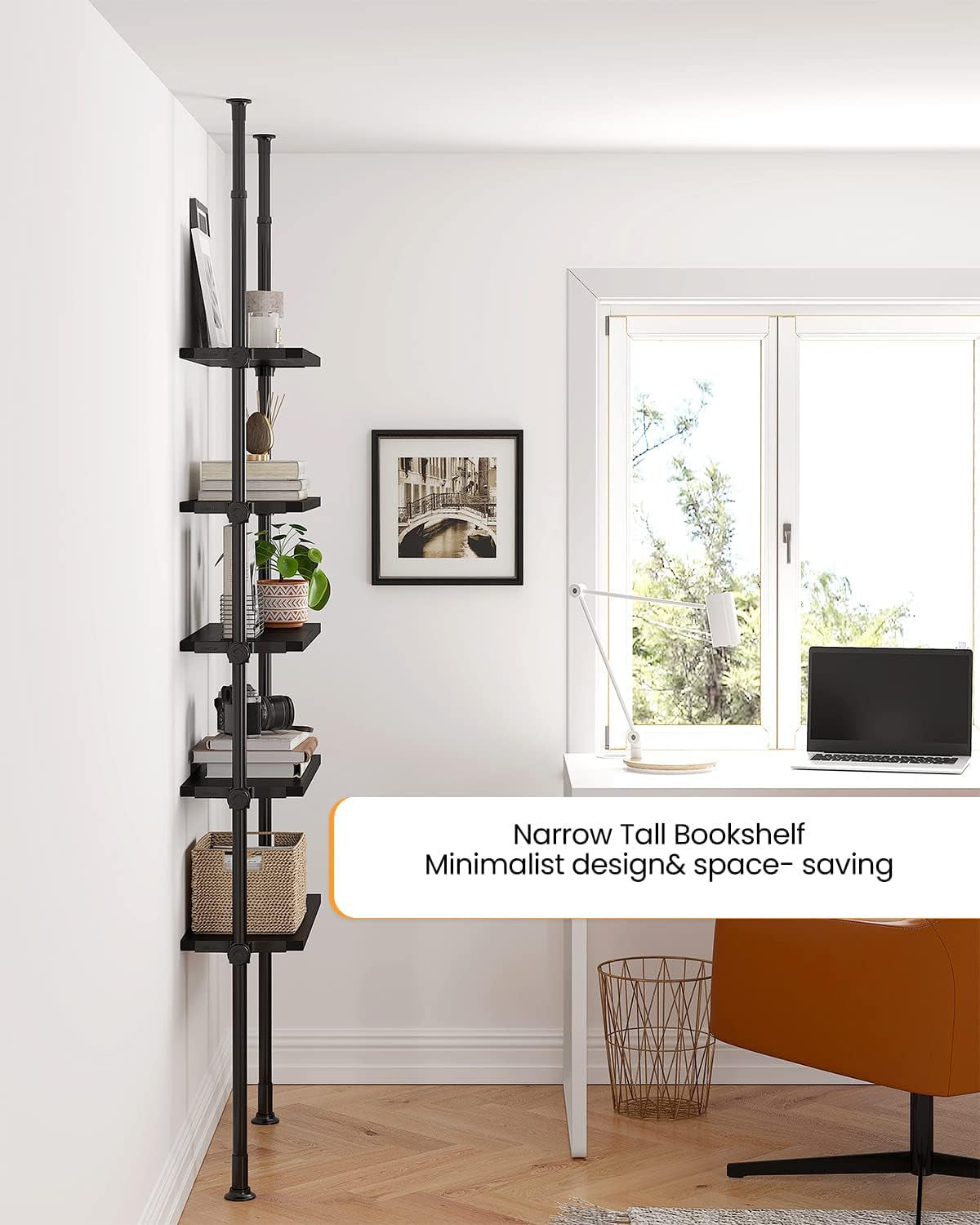 5 Tiers Narrow Bookshelf, Tall Adjustable Ladder Book Shelf with Open Storage, Floor to Ceiling Tension Mount, Wooden Industrial Bookcase for Living Room, 92 to 116 Inch, Black-4