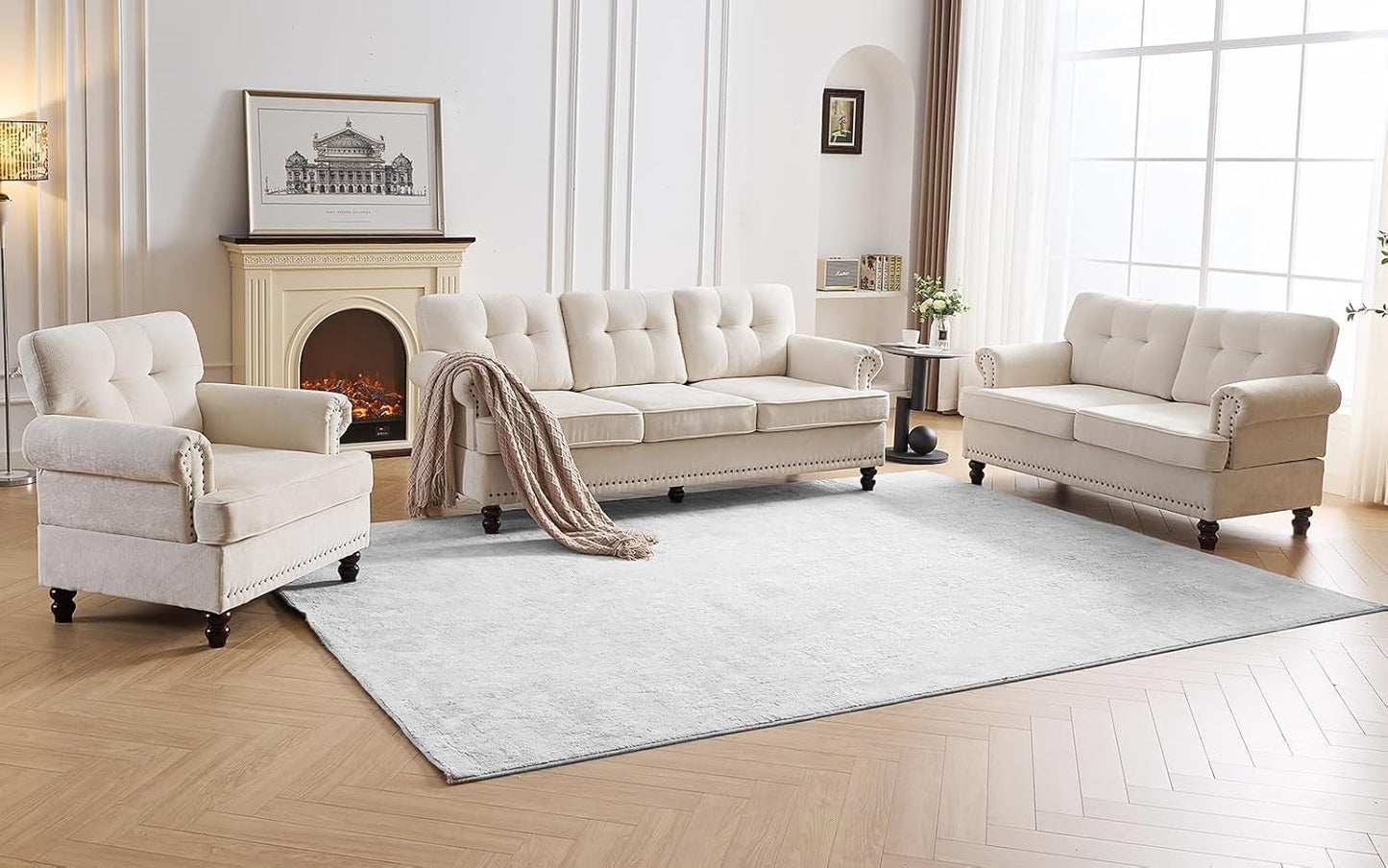 Tufted Sofa Set for Living Room, Including 3 Seater Couch, Loveseat Sofa, and Living Room Chairs with Rivets, Rolled Arms, and Solid Wood Legs, Couches for Living Room, Bedroom, Office, Biege-2