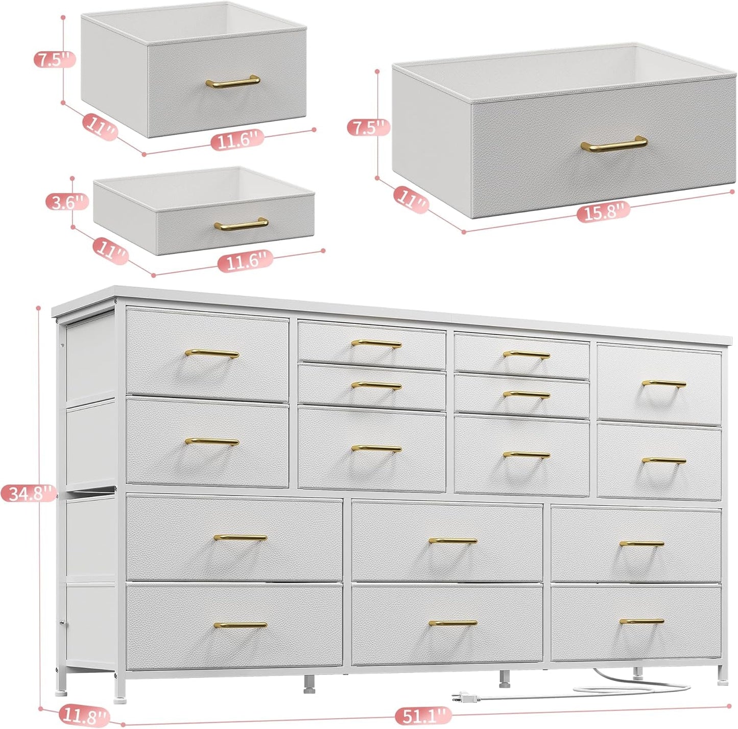 Dresser TV Stand with Power Outlet & USB White Dresser for Bedroom with 16 Drawers TV Stands for Living Room TV Stand with Storage for Bedroom,Media TV Console Table 51.1''W*11.8''D*34.8''H-1