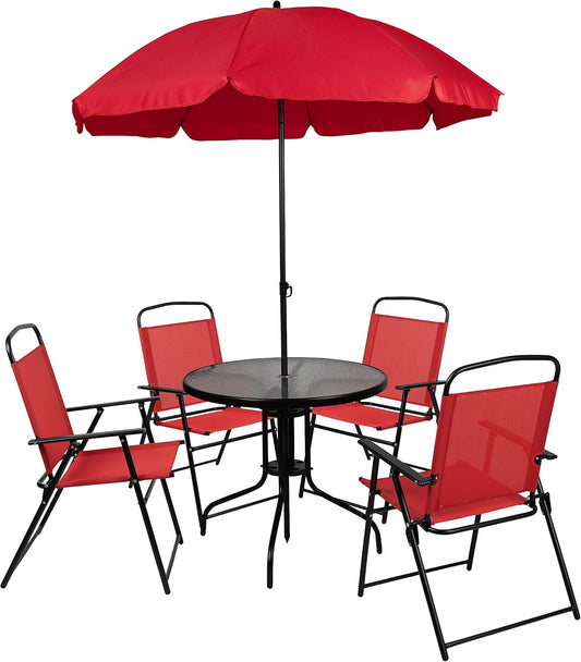 Nantucket 6 Piece Red Patio Garden Set with Table, Umbrella and 4 Folding Chairs-1