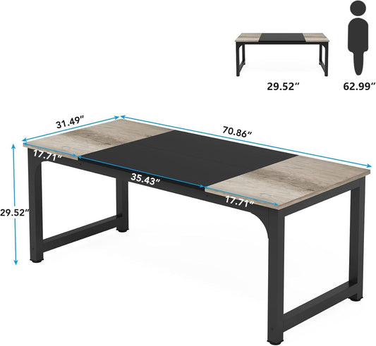 70.8”Executive Desk, Large Office Computer Desk with Thicken Frame, Modern Simple Workstation Business Furniture for Home Office, Vintage Grey/Black-1