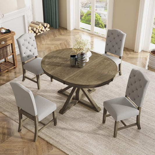 Farmhouse 5-Piece Dining Table Set with Extendable Table and 4 Comfortable Upholstered Chairs-1