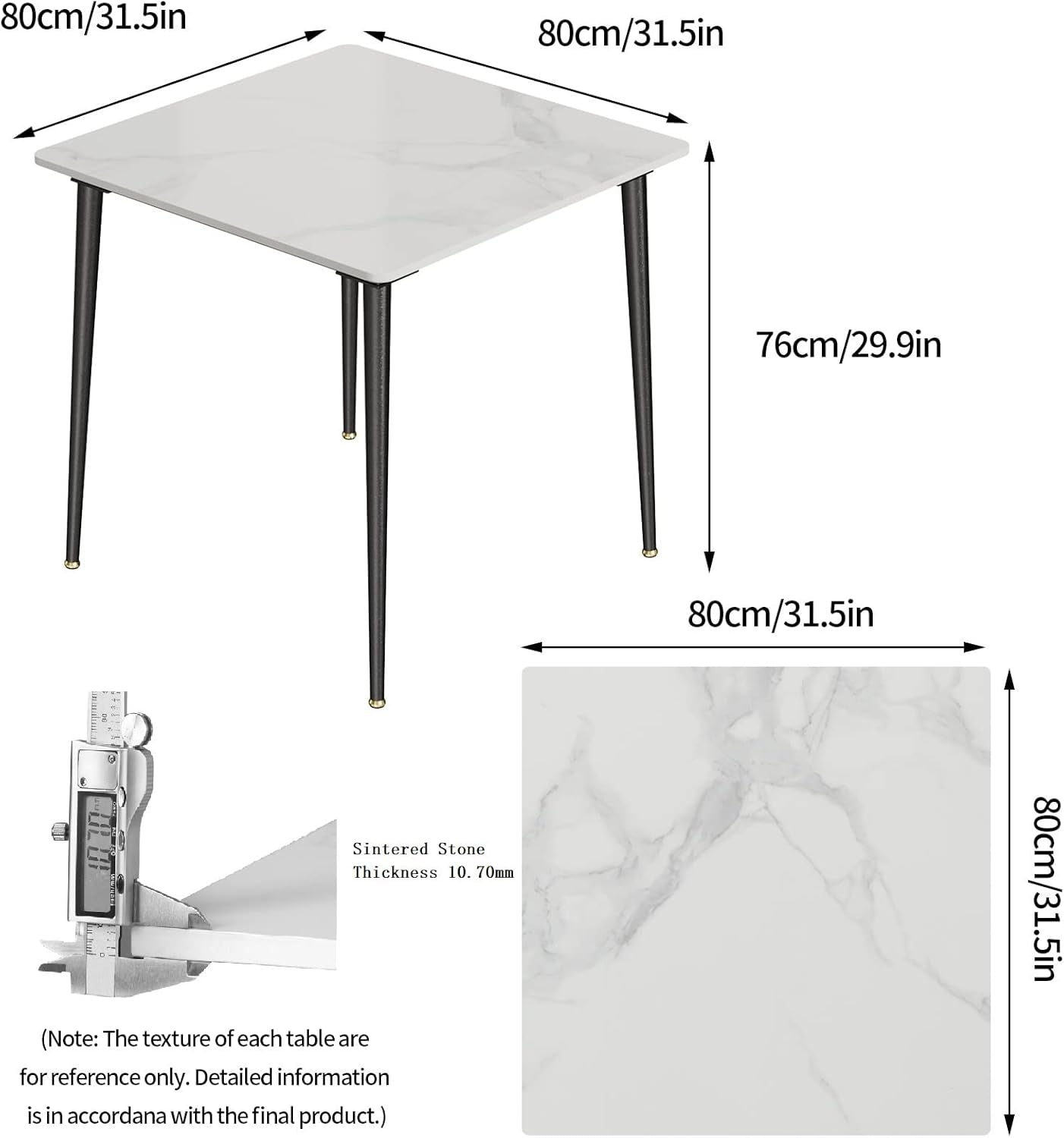 Sintered Stone Dining Table: 32 Inch Square White Kitchen Breakfast Table with Black Metal Legs - 30 Inch High Restaurant Table for 4-2