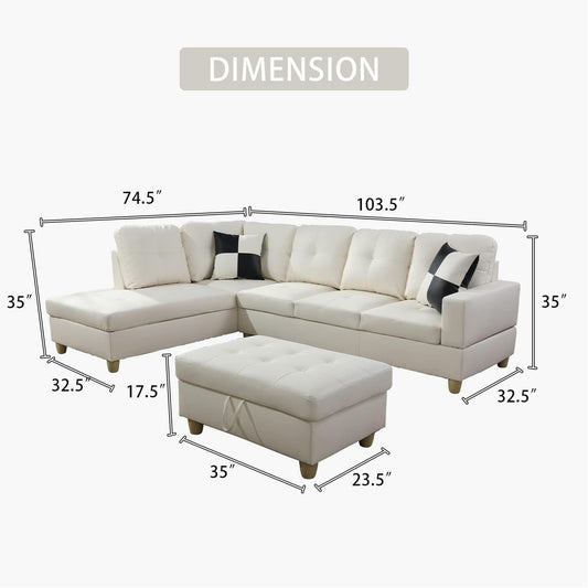 Ponliving Furniture Modern L-Shaped Leather Sectional Sofa Left Hand Facing (White)-1