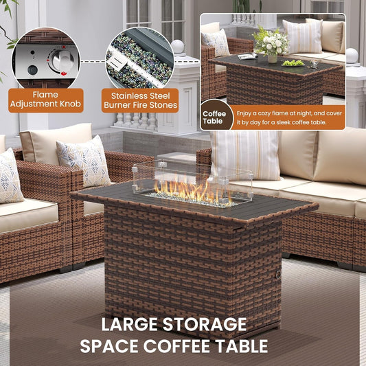 Patio Furniture Set with 44" Fire Pit Table, 7 Pieces Outdoor Furniture Sets, Wicker Rattan Patio Conversation Sets with Ottoman and Waterproof Covers for Porch Deck Backyard, Khaki-1