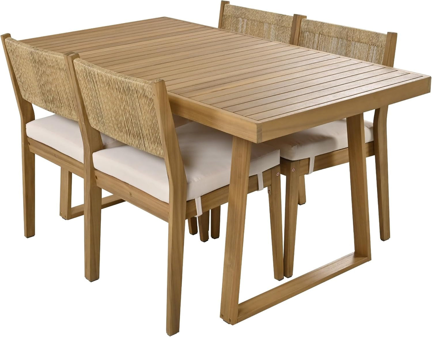 Wood Outdoor Dining Table Set for 4,All Weather Patio Chairs with Soft Cushions and Jute Rope Knitted Back-2