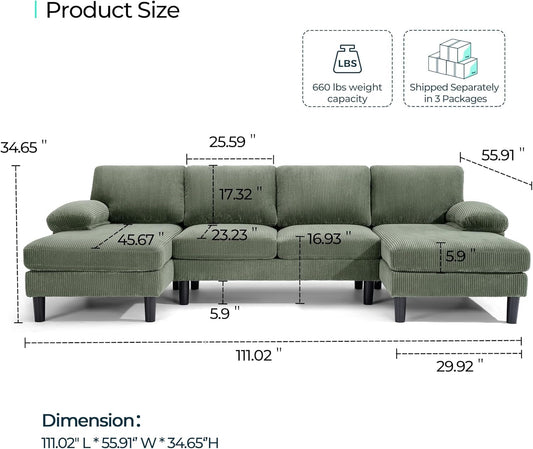 Sectional Couch, 111'' W Corduroy U Shaped Sofa with Sleepable Armrests, 4 Seat Couch with Double Chaises, Deep Sofa for Living Room, Army Green-1