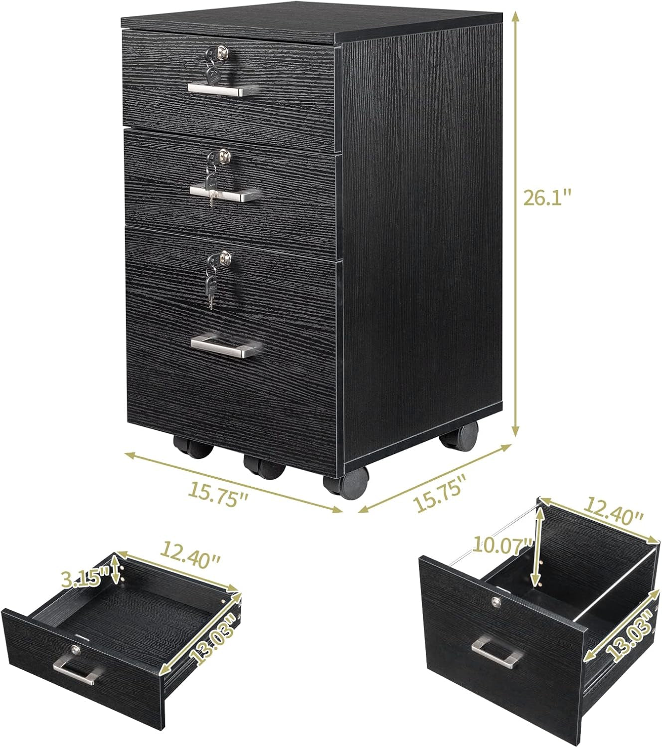 26" H 3 Drawer File Cabinet with Lock, Rolling File Cabinet under Desk, Mobile File Cabinets for Home Office, Wood Black File Cabinet Printer Stand for Letter Size Hanging/Manila File Folders-2