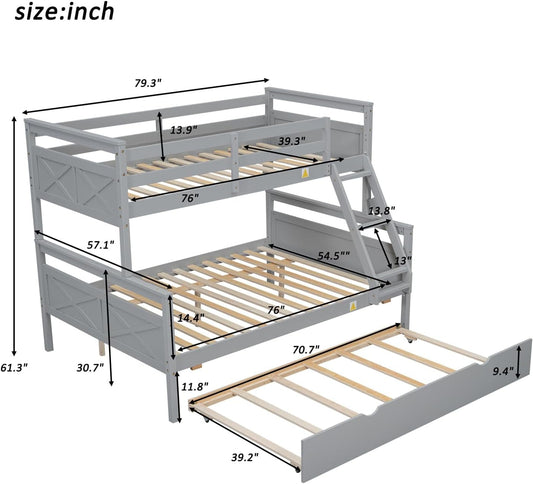 Trundle Bunk Bed, Twin over Full Wood Bunk Bed with Twin Size Trundle, Solid Wood Bunk Bed Frame with Guardrail and Ladder, Grey-1