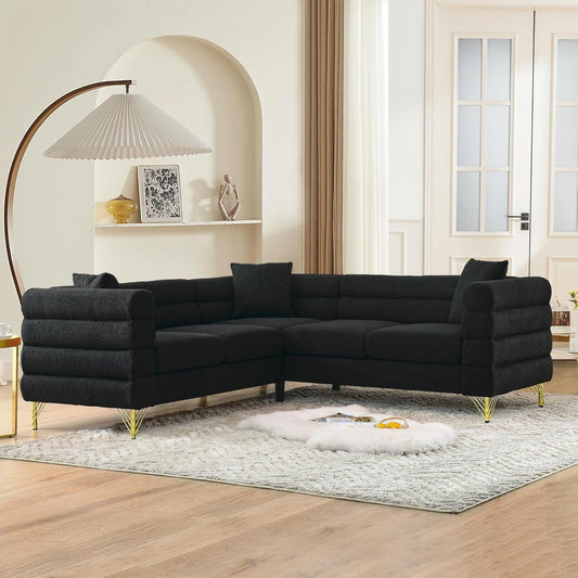 Black Oversized Corner Sofa 5 Seater, Teddy Fabric-1
