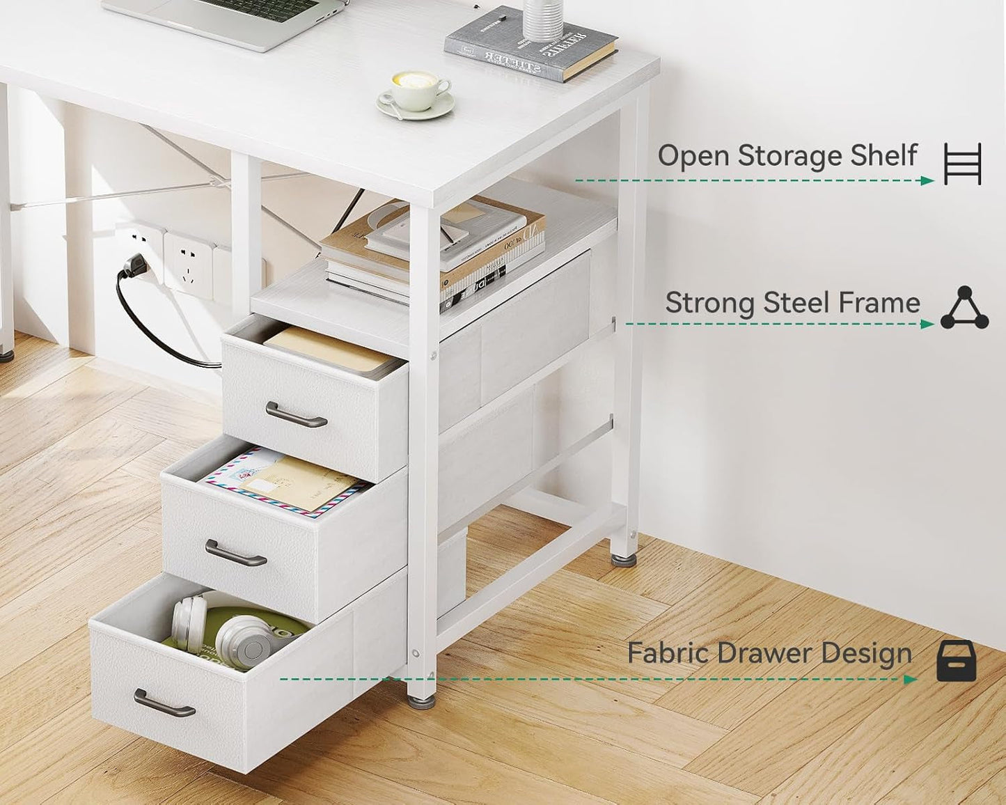 32-Inch Small Vanity Desk with Fabric Drawers and Charging Station, Kids Girls Teen Study Writing Desk for Bedroom, Home Office Computer Desk with Storage Shelf & Bag for Small Space, White-4