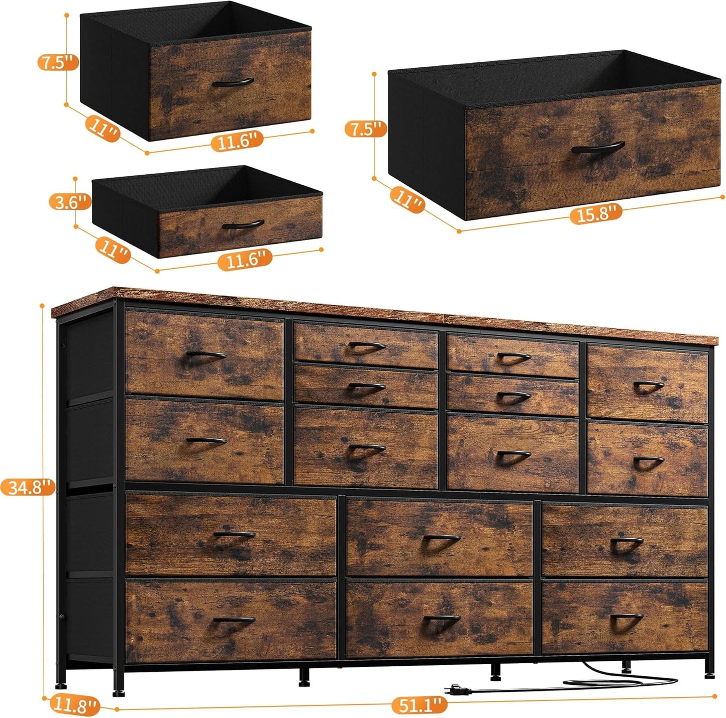 60" TV Stand Dresser TV Stand with Charging Station TV Stands for Living Room Long Dresser for Bedroom TV Stand with 16 Drawers Storage TV Stand for Bedroom Dresser 51.1''W*11.8''D*34.8''H-2