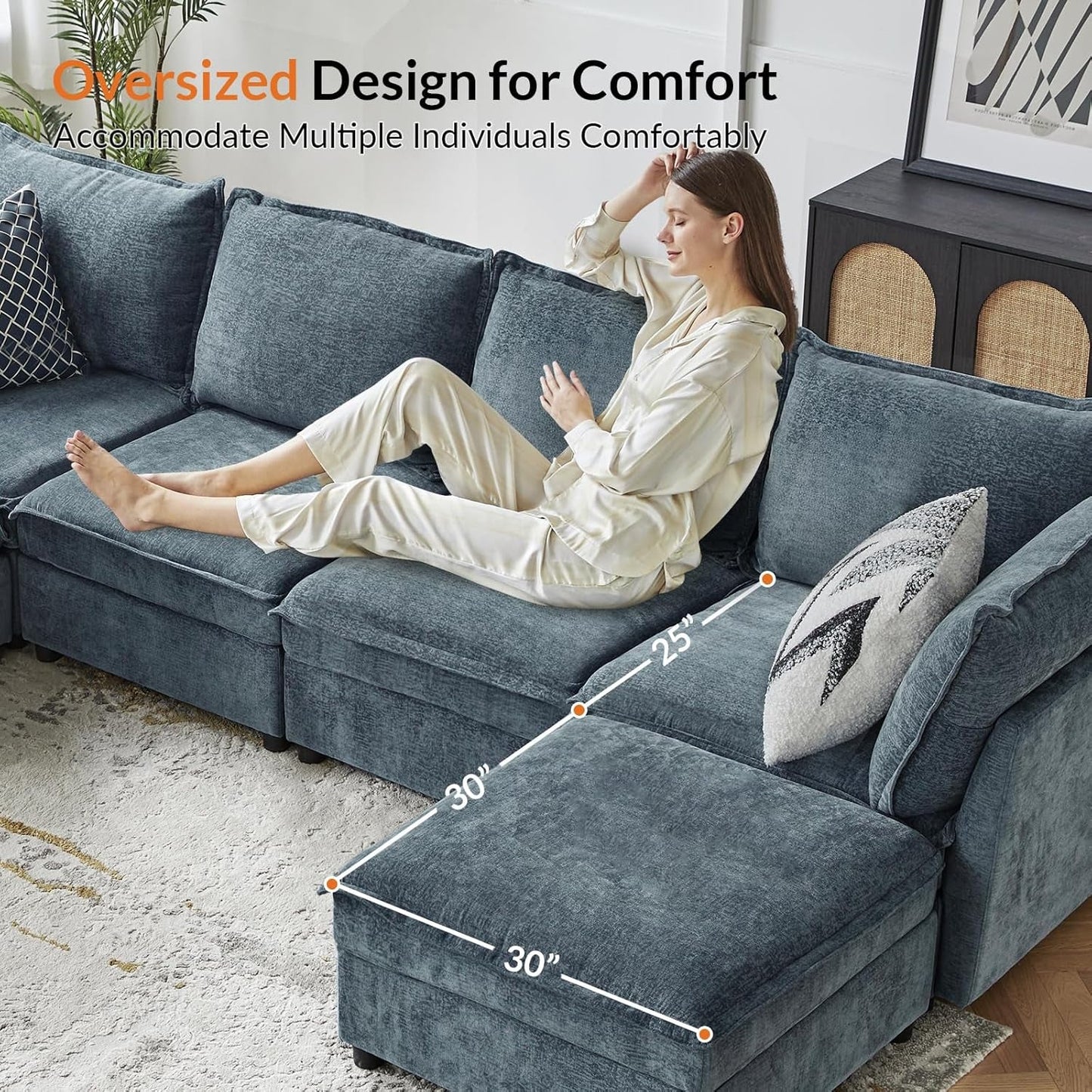 127'' Modular Sectional Sofa, Oversized U Shaped Couch with Storage Ottoman, Extra Deep Seat, Modern Comfy Chenille Sofa with Chaise, 6 Seat Convertible Couches for Living Room, Blue-4