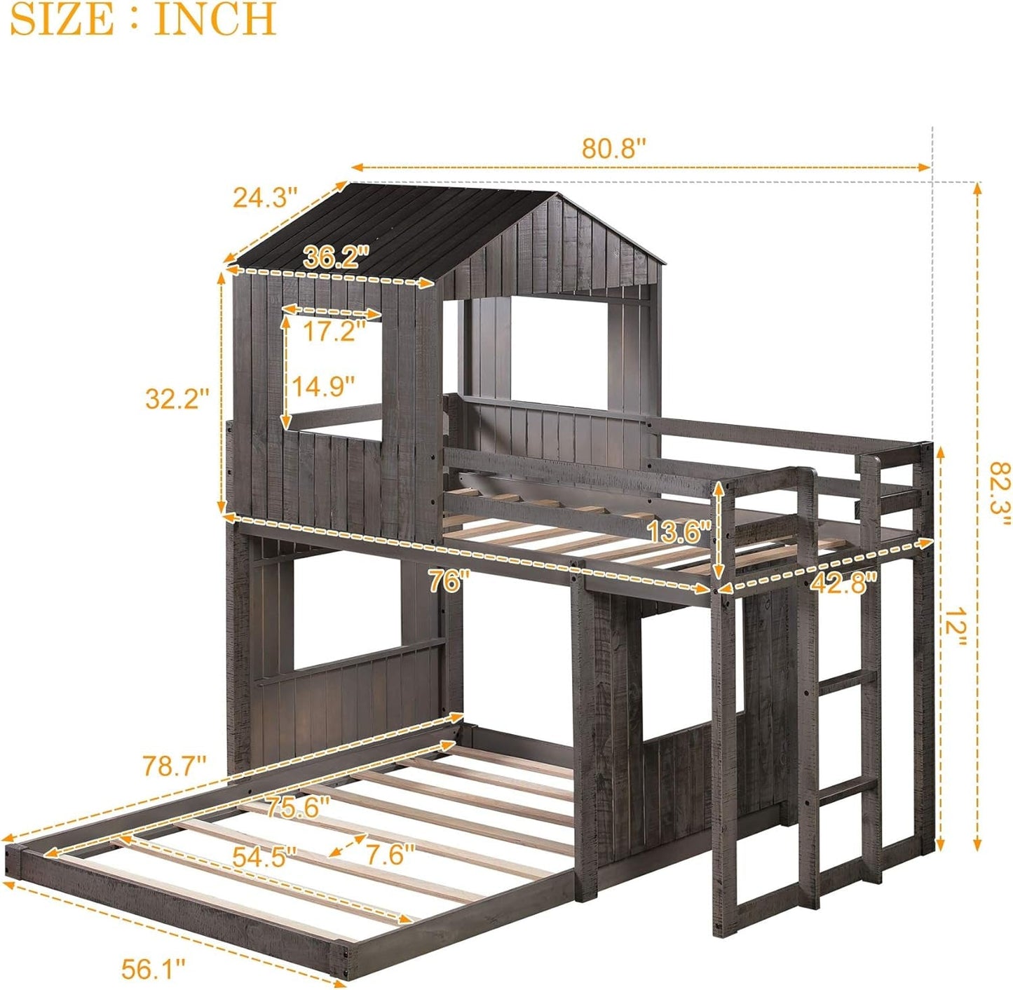 House Bunk Beds Twin over Full Size, Wood Bunk Beds with Roof and Window (Distressed Grey, Twin over Full)-4