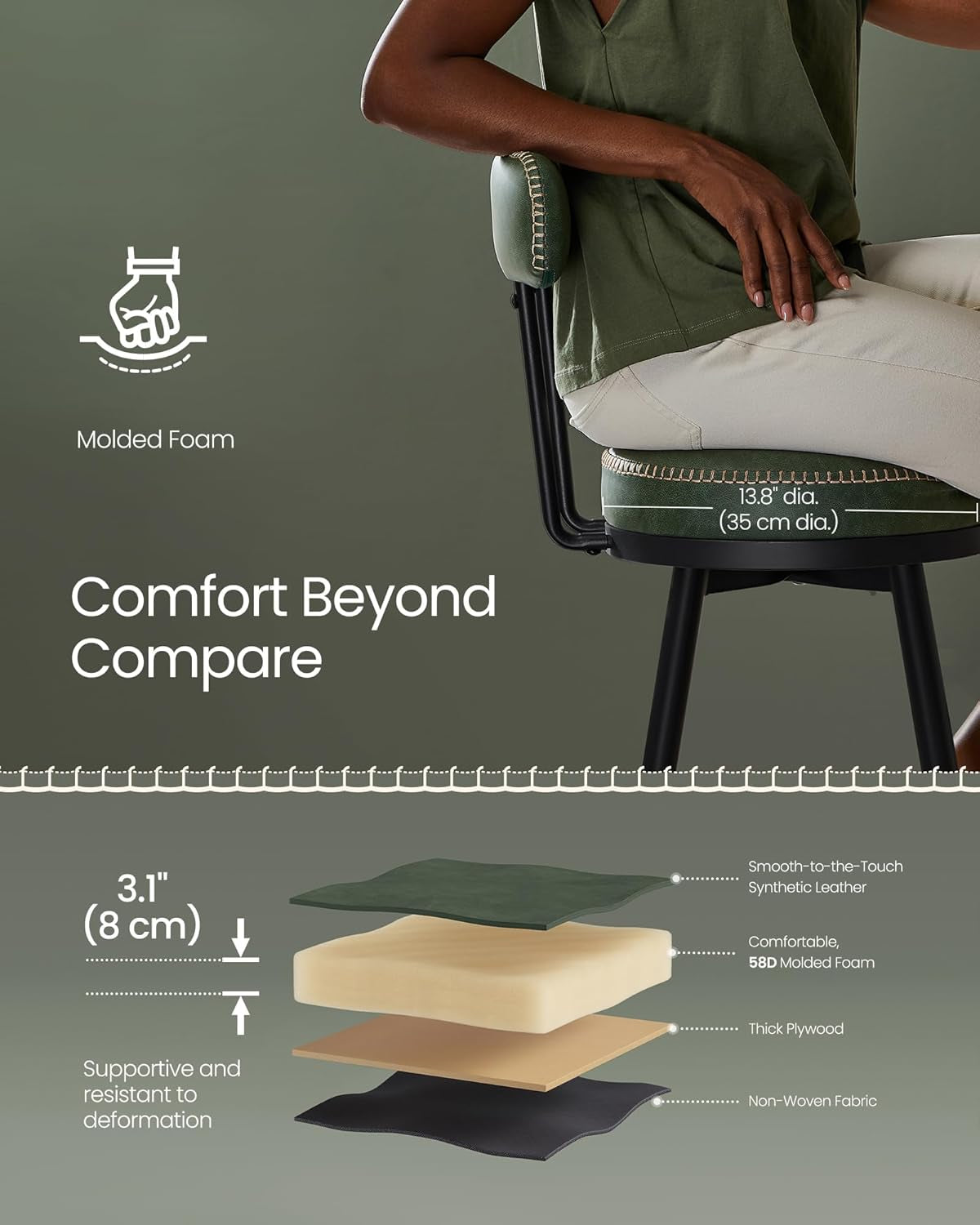 EKHO Collection - Bar Stools Set of 2, Bar Height Swivel Bar Stools with Back, Synthetic Leather with Stitching, Mid-Century Modern, 30-Inch Tall Barstools for Kitchen Home Bar, Forest Green-4