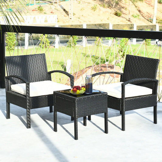 3 Pieces Outdoor Rattan Patio Conversation Set with Seat Cushions-1