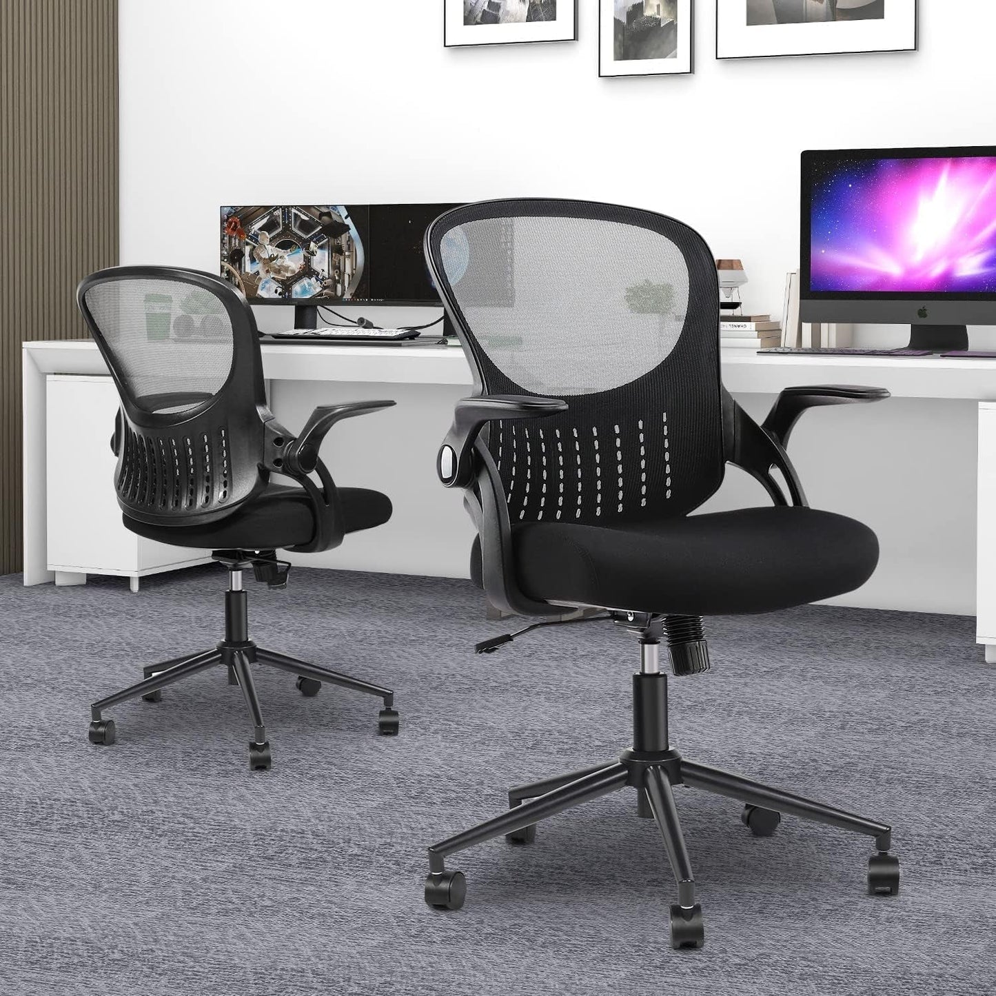 Office Computer Gaming Desk Chair, Ergonomic Mid-Back Mesh Rolling Work Swivel Chairs with Flip-Up Arms, Comfortable Lumbar Support, Comfy Arms for Home, Bedroom, Study, Student, Adults, Black-1