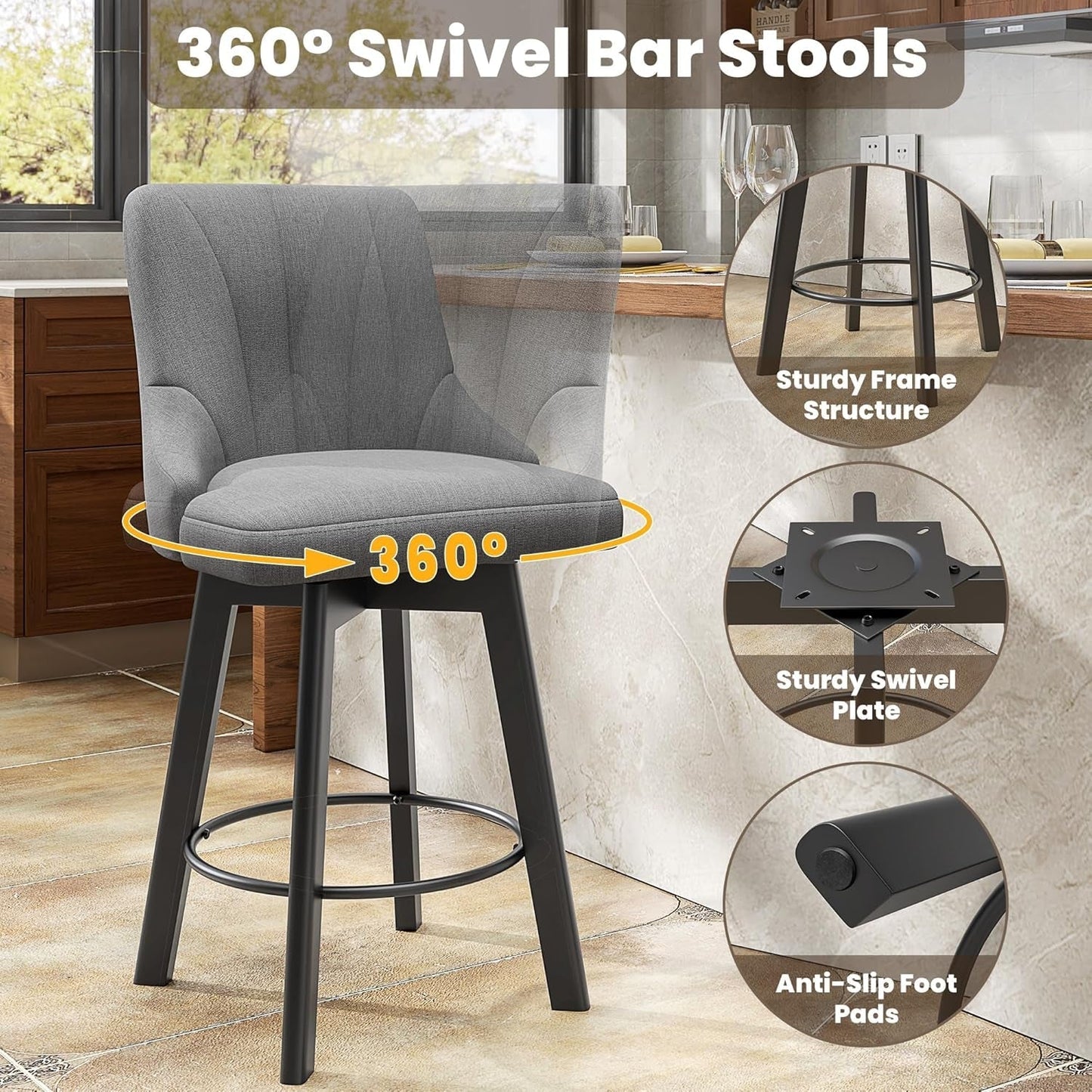 Swivel Bar Stools with Backs, 24" Counter Height Bar Stools Set of 2, Fabric Upholstered Counter Bar Stools with Solid Wood Legs for Kitchen Island, Home Bar, Dark Gray-4