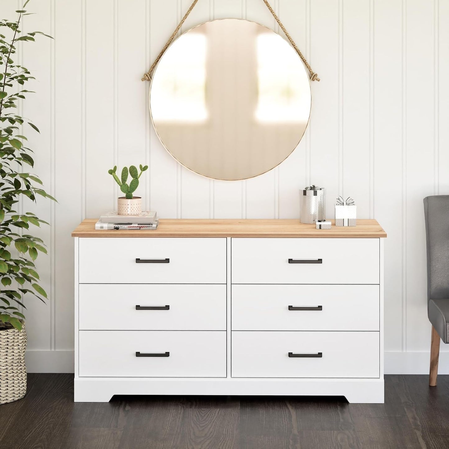 Rustic Ridge Farmhouse 6-Drawer Double Dresser, White & Oak Dresser for Bedroom, Chest of Drawers with 6 Storage Drawers, 53.25” Wide X 18.25” Deep X 28.5” Tall, White & Oak-1