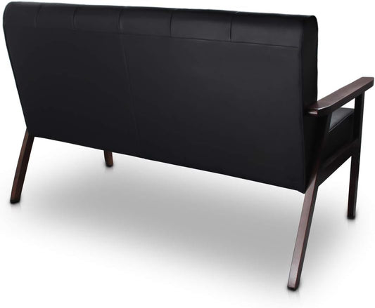 Mid-Century Modern Solid Loveseat Sofa Upholstered Faux Leather Couch 2-Seat Wood Armchair Living Room/Outdoor Lounge Chair, Waiting Room Sofa, 50”W-1