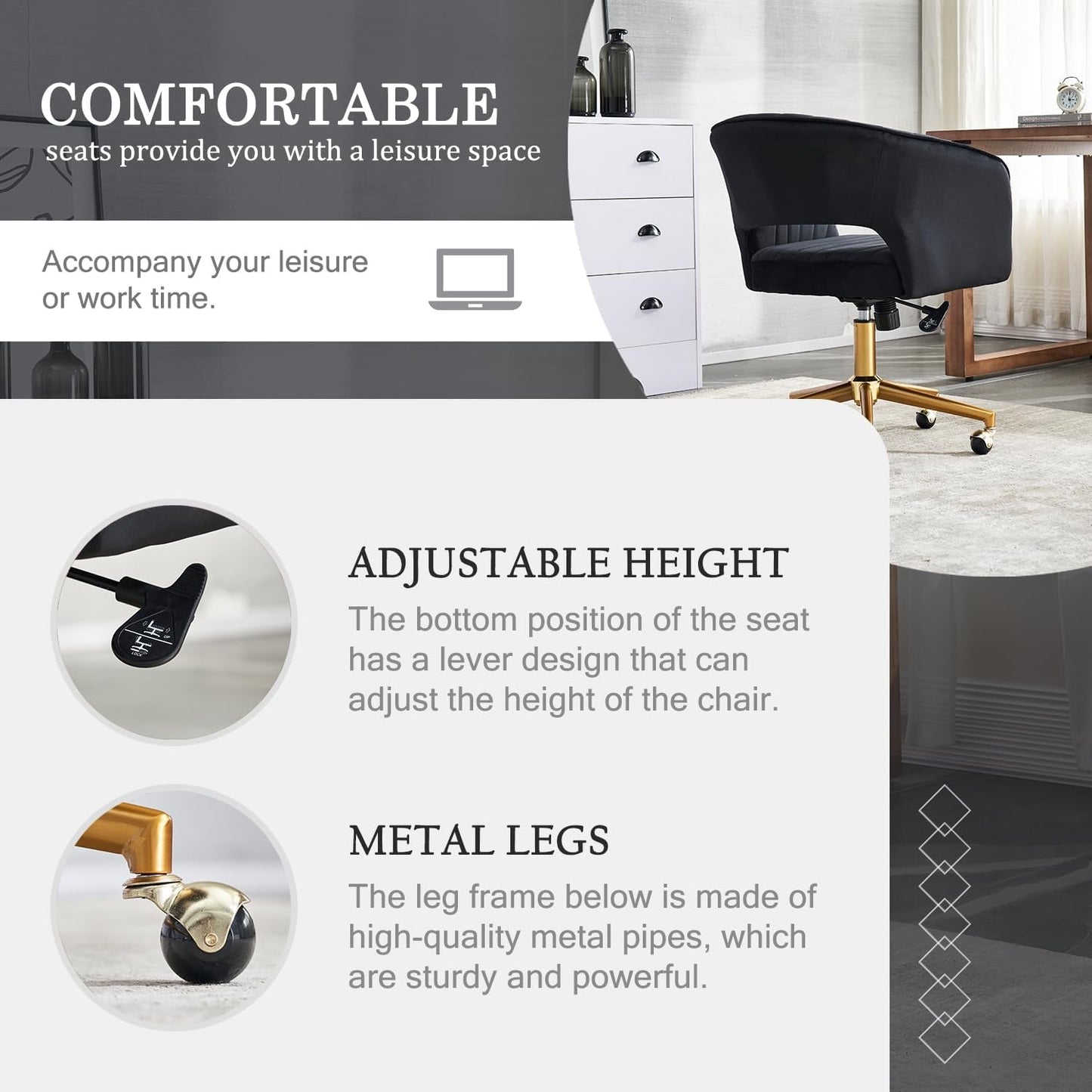 Home Office Chair Swivel Velvet Desk Chair, Vanity Chair with 360 Swivel Armchair and Gold Base,For Living Room, Bedroom, Vanity, Study (Black)-4