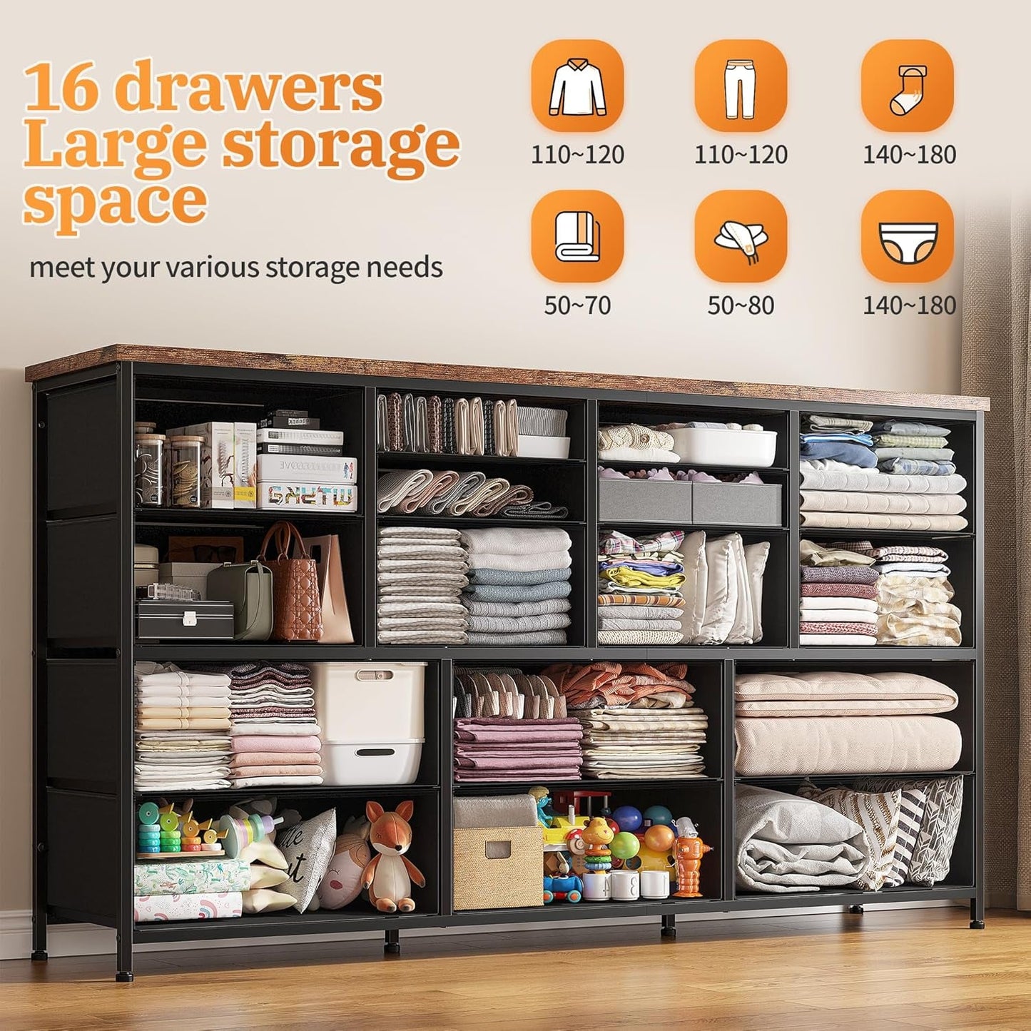 60" TV Stand Dresser TV Stand with Charging Station TV Stands for Living Room Long Dresser for Bedroom TV Stand with 16 Drawers Storage TV Stand for Bedroom Dresser 51.1''W*11.8''D*34.8''H-3