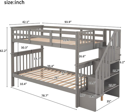 Bunk Beds Twin over Twin with Stairs, Wood Bunk Bed Frame with Storage and Guard Rail,Twin Bunk Beds for Kids, Bedroom, Dorm, Teens, Adults,Grey-1