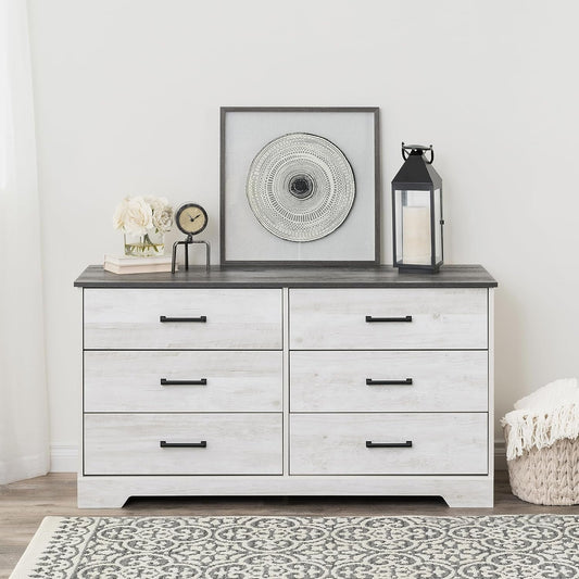 Rustic Ridge Farmhouse 6-Drawer Double Dresser, Washed White Dresser for Bedroom, Chest of Drawers with 6 Storage Drawers, 53.25” Wide X 18.25” Deep X 28.5” Tall, Washed White-1