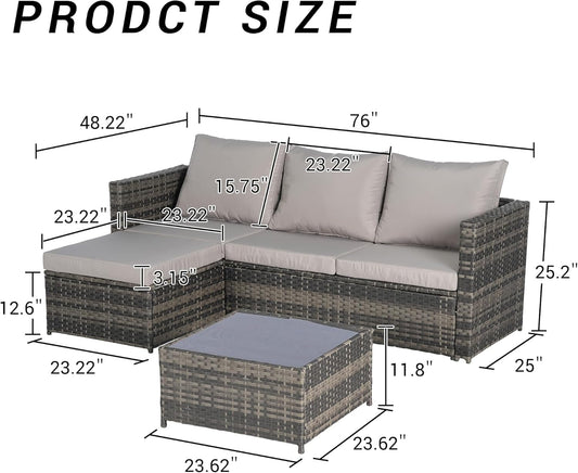 3 Pieces Patio Furniture Set All-Weather Outdoor Wicker Sectional Conversation Sofa Rattan Patio Sofa W/Cushion & Glass Table,Patio Conversation Set,Backyard Furniture for Porch (Light Gray)-1