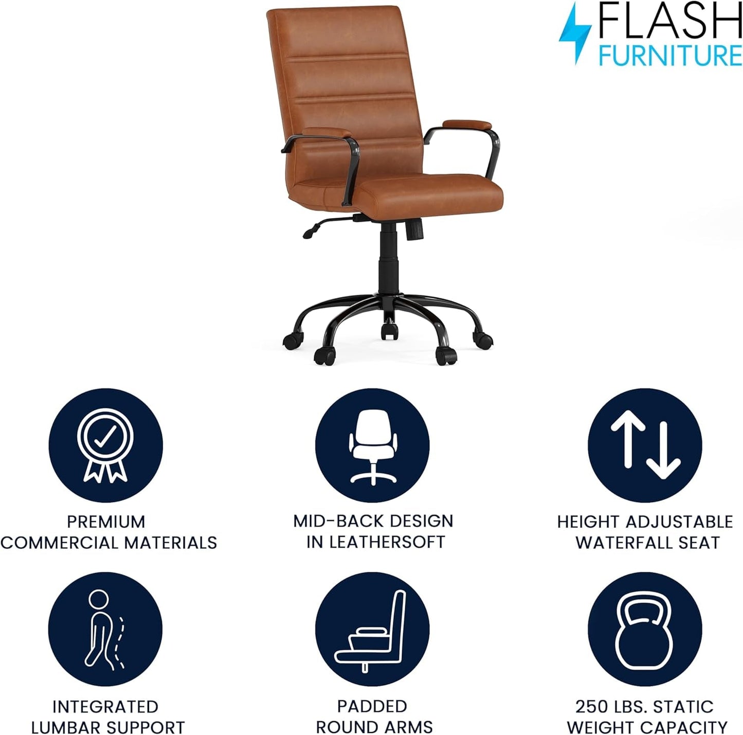 Whitney Mid-Back Swivel Leather Desk Chair with Padded Seat and Armrests, Adjustable Height Padded Leather Office Chair, Brown/Black-3