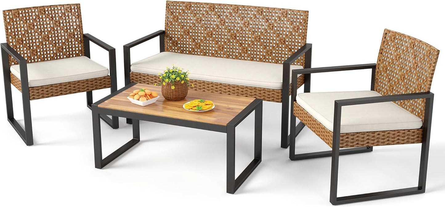 Wicker Patio Furniture Set for 4, Rattan Loveseat & Chairs with Beige Cushions & Acacia Wood Coffee Table, Outdoor Modern Sectional Conversation Sofa Set for Deck, Yard, Porch-0