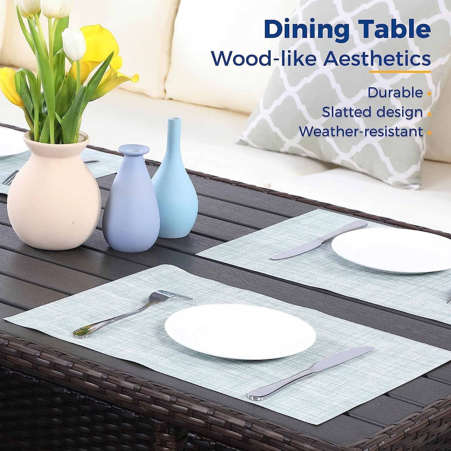 Patio Furniture Set, 7 Piece Outdoor Dining Sectional Sofa with Dining Table and Chair, All Weather Wicker Conversation Set with Ottoman, Brown-4