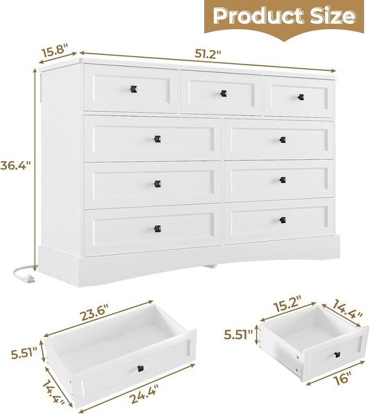 White Dresser for Bedroom with 9 Drawers, 51.2" Large Drawer Dresser with Charging Station, Wide Farmhouse Dresser Chest of Drawers, Wooden Storage Tower Organizer, Dresser for Bedroom Closet-1