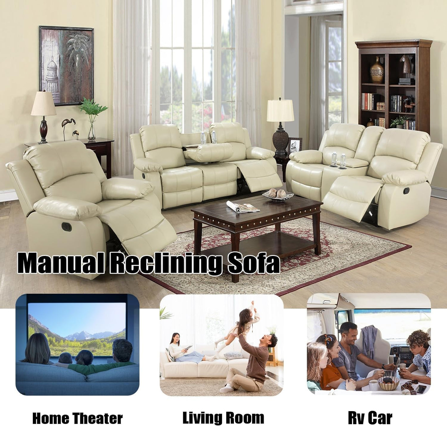 Beige Leather Reclining Sofa Set for Living Room Set,Recliner Sofa with Drop down Table/Double Recliner Loveseat with Storage Console/Recliner Chair/Faux Leather-4