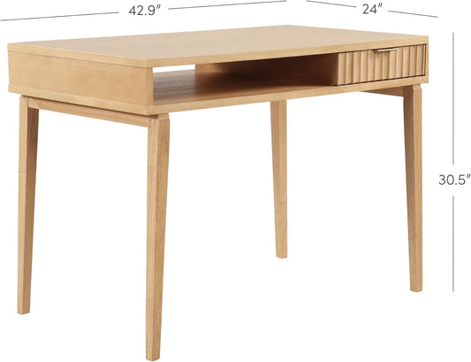 Jasper Small Home Office Desk with Storage, Bohemian Writing Desk with Drawer and Open Cubby, Natural Brown-1