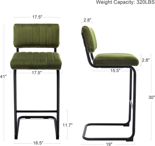 30'' Modern Bar Stools with Tufted Backs, Upholstered Velvet Fabric Bar Height Stools Chairs, Mid Century Cantilever Barstools for Kitchen Island Pub Set of 2-1