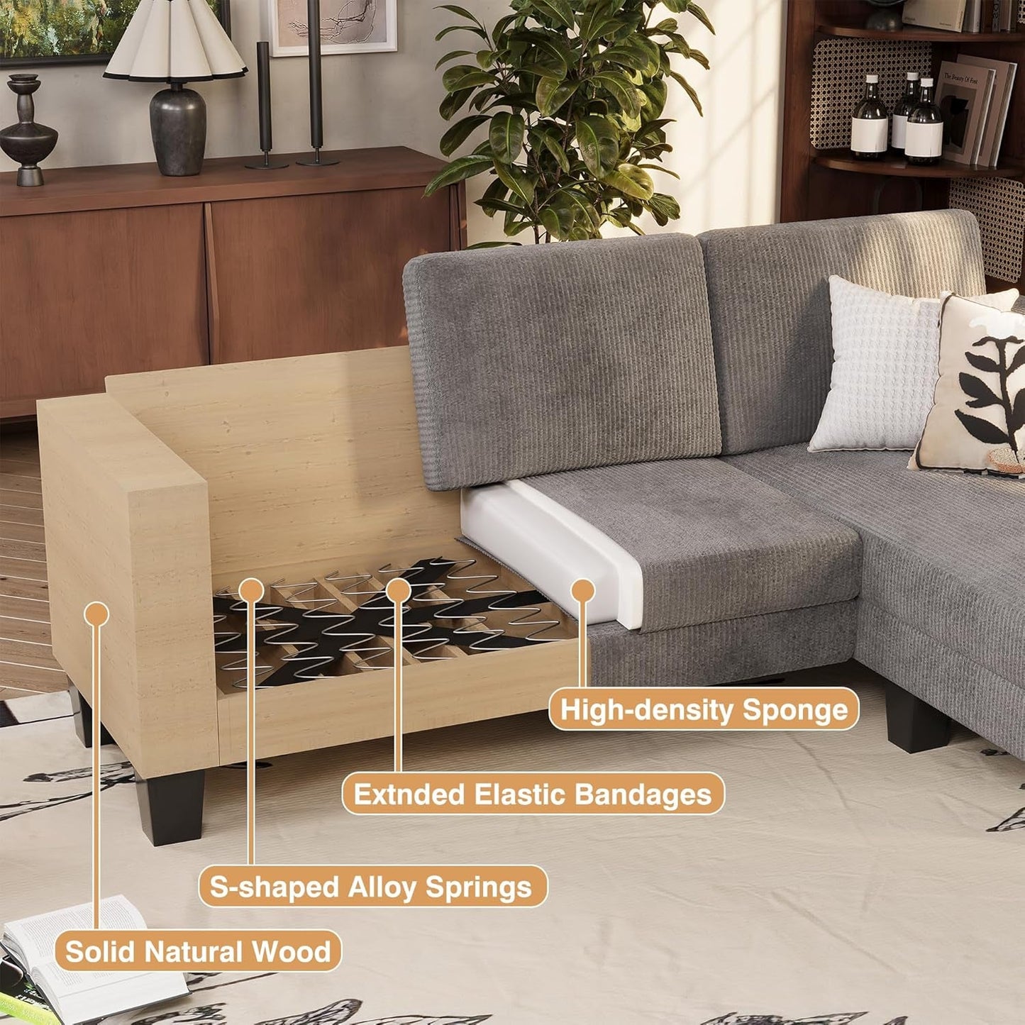 Convertible Sectional Sofa Couch, 3 Seat L-Shaped Sofa with Linen Fabric Ottoman Small Couch for Small Apartments, Living Room and Office (Corduroy, Gray)-4