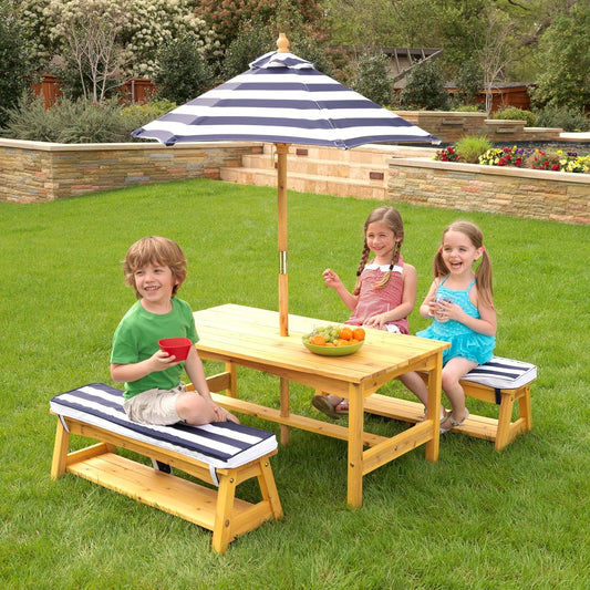 Outdoor Wooden Table & Bench Set with Cushions and Umbrella, Kids Backyard Furniture, Navy and White Stripe Fabric-1