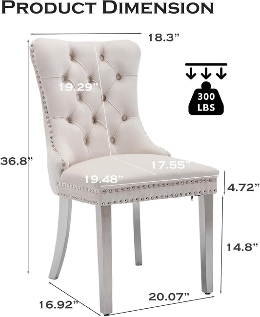 Velvet Dining Chair Set of 2 Upholstered Tufted Dining Room Chair with Nailhead Trim and Stainless Steel Silver Plated Legs for Kitchen, Restaurant, Beige-1