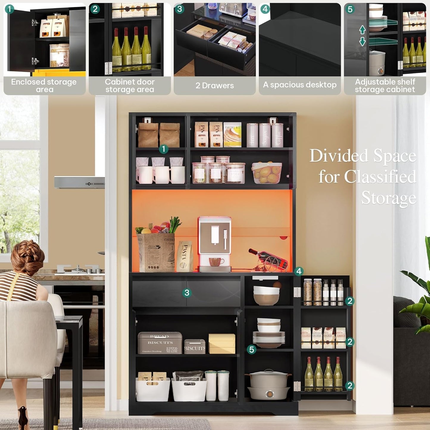 71'' Tall Kitchen Pantry Hutch Storage Cabinet with Microwave Stand, Drawer, Doors and Shelves, Outlet & Led Light, Modern Buffet Cabinet for Dining Room, Living Room, Black-4