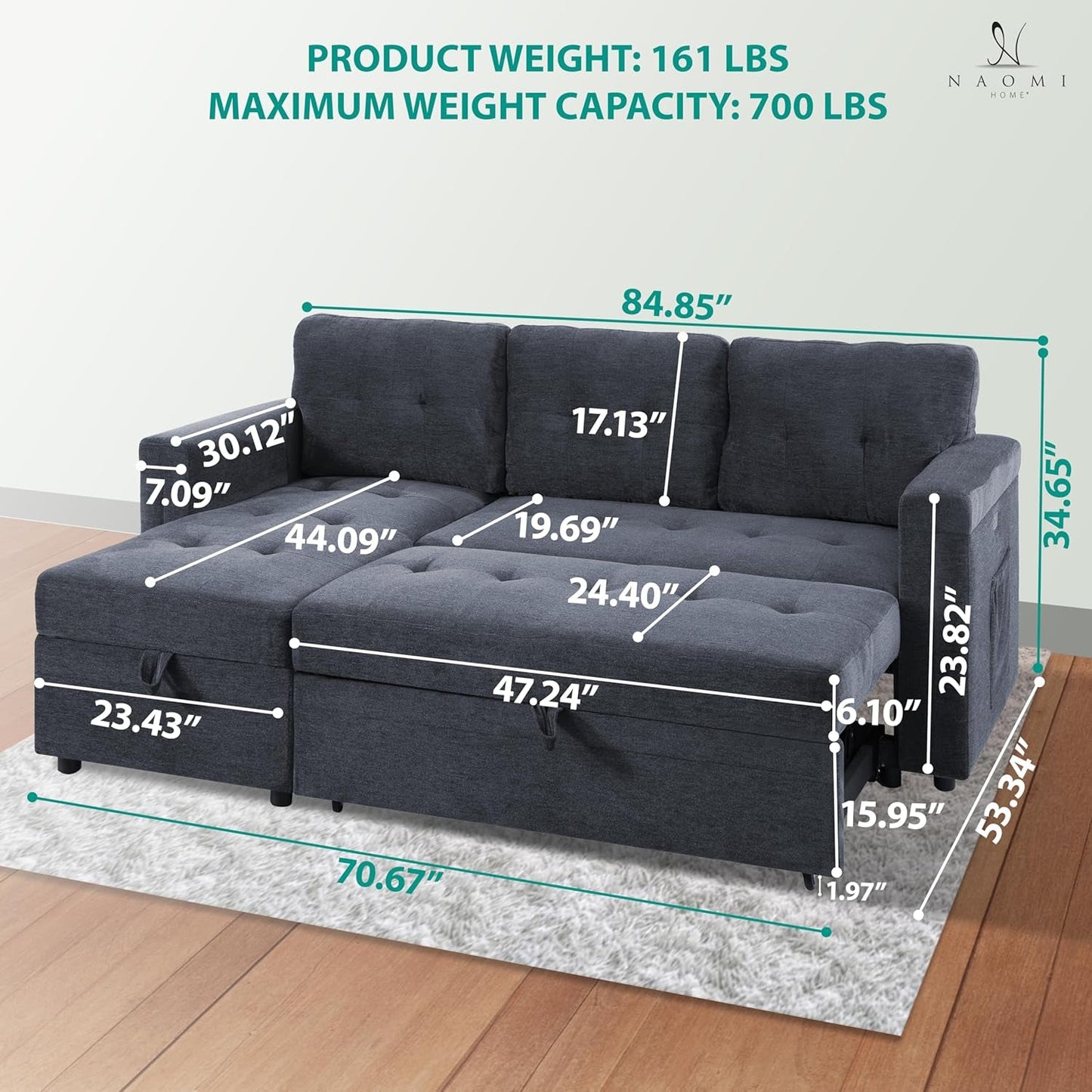 Gray Microfiber L-Shape Sleeper Sofa USB Ports Storage-2