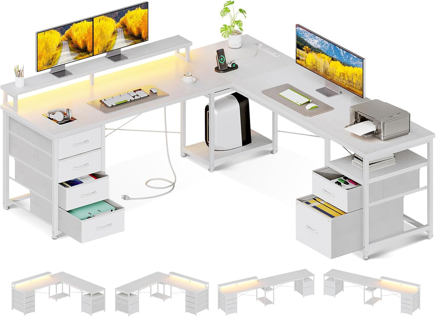 66" L Shaped Computer Desk, 113“ Reversible Home Office Desk with File Cabinet & 4 Fabric Drawers, Two Person Desk with LED Lights & Power Outlet, Corner Gaming Desk with Monitor Shelf, White-0