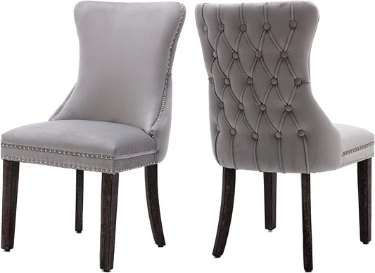 Set of 2 Light Gray Velvet Tufted Wingback Dining Side Chairs, Nailhead, Solid Wood Legs-1