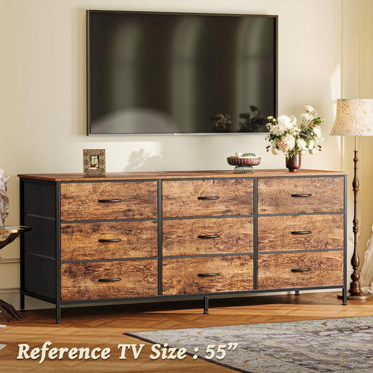 9 Drawer Dresser, 55 Inch Dresser TV Stand for 55, 60 Inch TV, Entertainment Center with Drawers, Large Storage Fabric Dresser for Bedroom, Closet, Rustic Brown-1