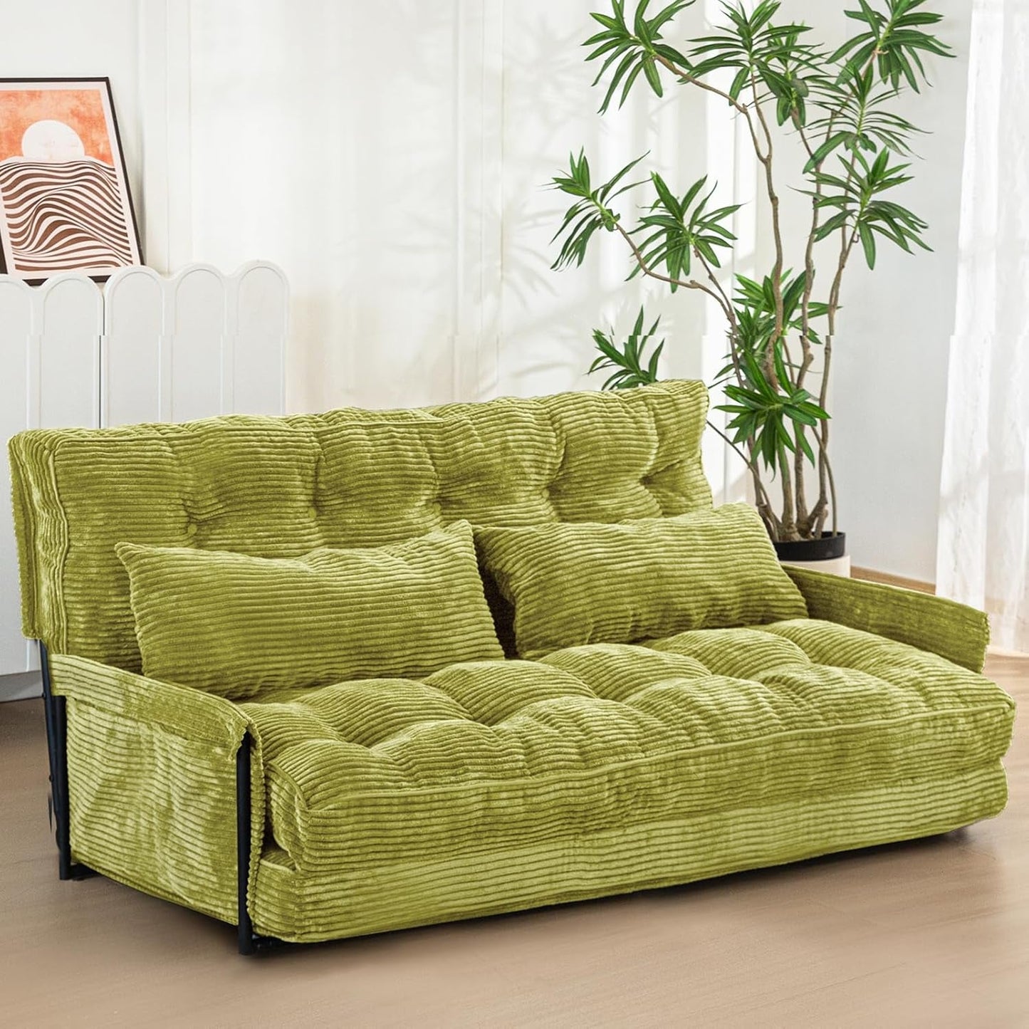 Adjustable Floor Sofa Couch with 2 Pillows, Multi-Functional Bean Bag Bed, 5-Position Foldable Lazy Sofa Sleeper Bed with Armrest, Versatile Floor Seating Sofa for Reading, Green, Double-0
