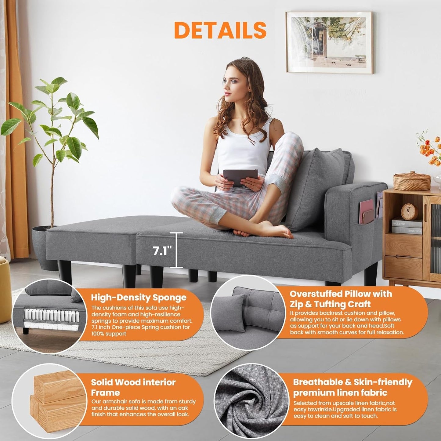 Recliner Sofa Bed Modular Sectional Convertible Sofa for Small Space, Flexible Combination Corner Couch with Ottoman, Modern Flax Fabric Loveseat for Apartment Sleeping Room Living Room,Right Armrest-4